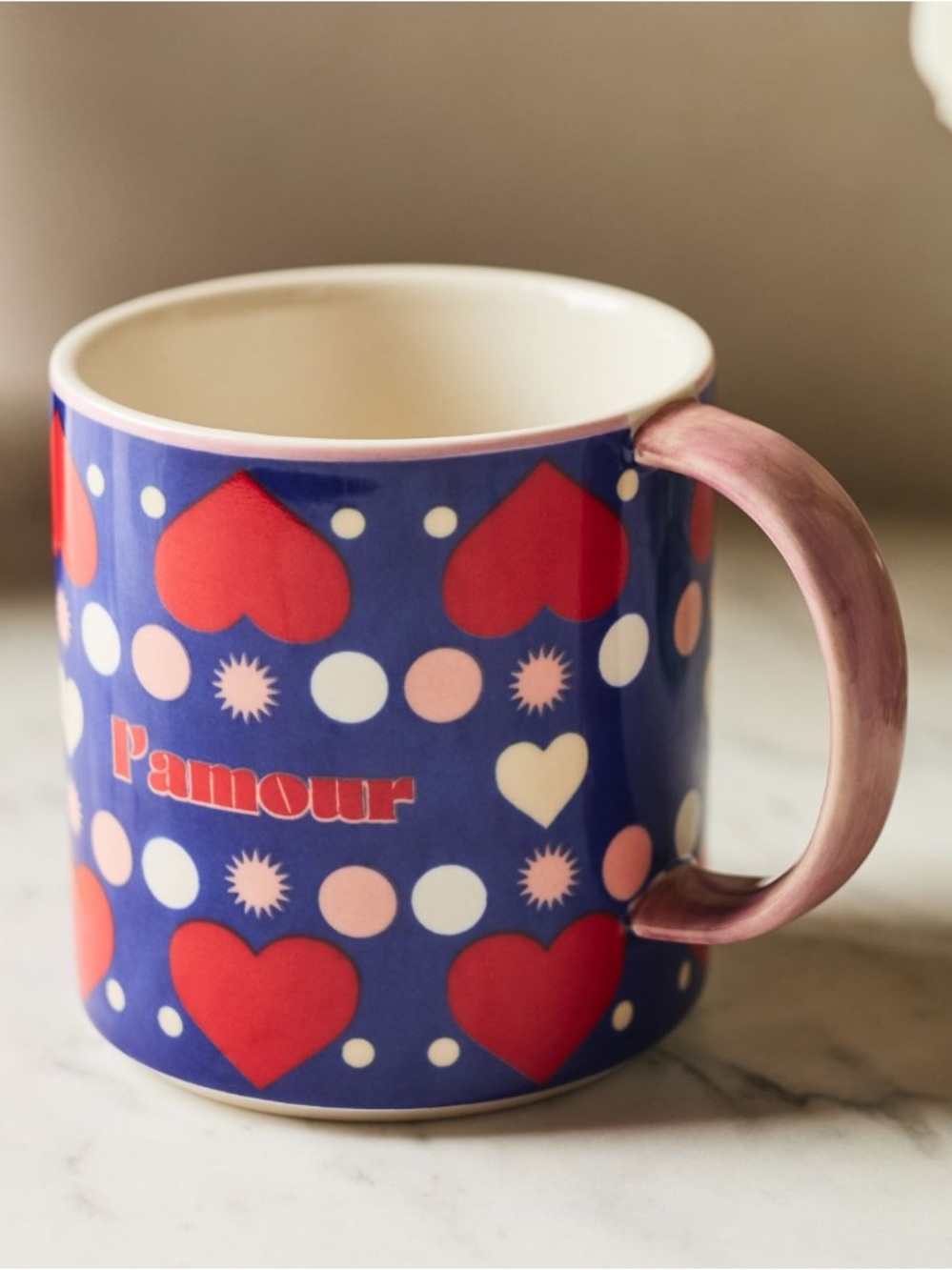 Anthropologie Maeve Heart L’amour Navy Ceramic Mug with Red Hearts